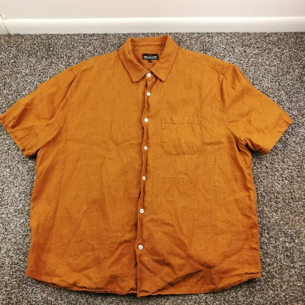 American Giant Shirt Linen Short Sleeve Button Down Light Brown Mens Large - Picture 2 of 8